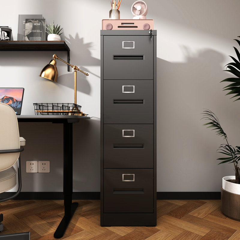 Classeur vertical à 4 tiroirs avec serrure verticale en métal pour bureau à domicile, Noir