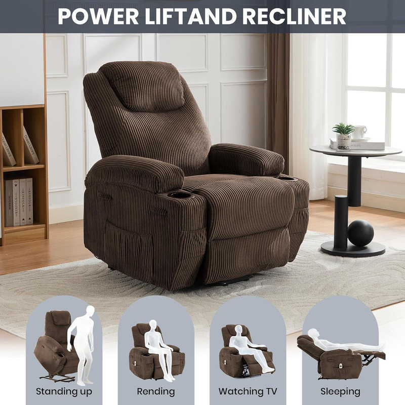 Electric Power Lift Recliner Chair for Elderly with Massage & Heat, Side Pockets & Cup Holders, Brown