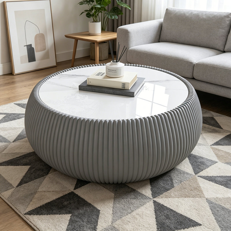 Table basse cylindrique avec base robuste, Gold,Grey+White