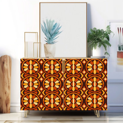 Buffet étroit de 35,4 po de largeur - armoire de rangement décorative à 2 portes avec motifs géométriques abstraits et chaleureux et pieds en métal