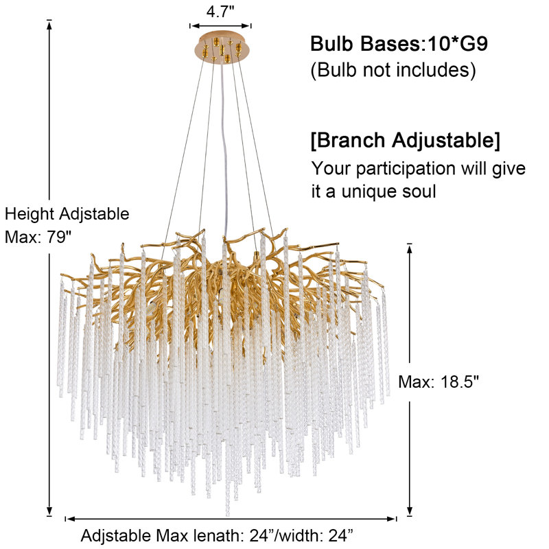 Lustre moderne en forme de branche de cristal en glaçon, H 18,5 po x l 24 po x P 24 po, Doré