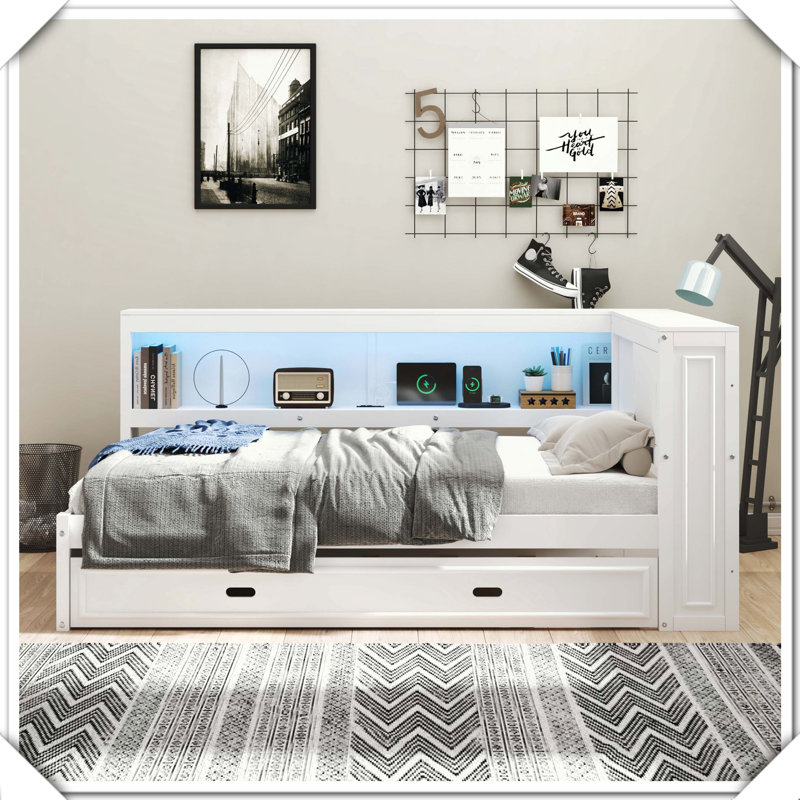 Wood Daybed Storage Shelves USB LED Trundle Practical Functional Design,Full / Double, Wood