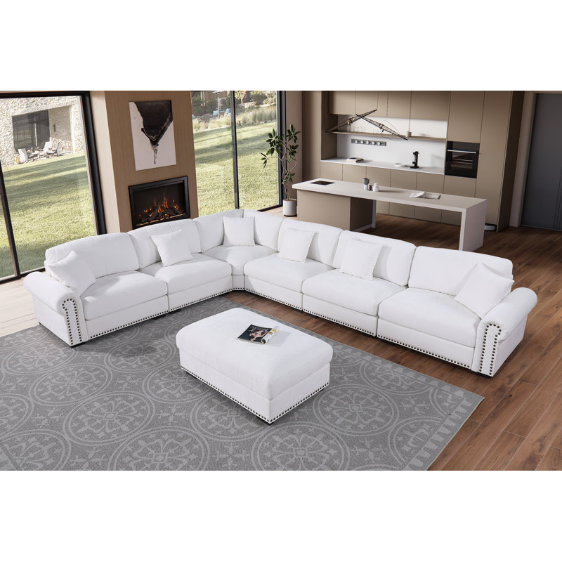 Errett Upholstered 7-Seats Cloud Corner Sectional Sofa, White Polyester