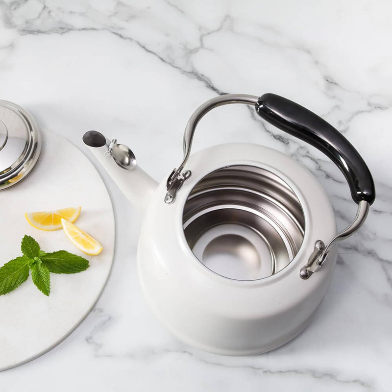 Martha Stewart Kingstree Large 2 Qt Heavy Gauge Stainless Steel Whistling Tea Kettle, White