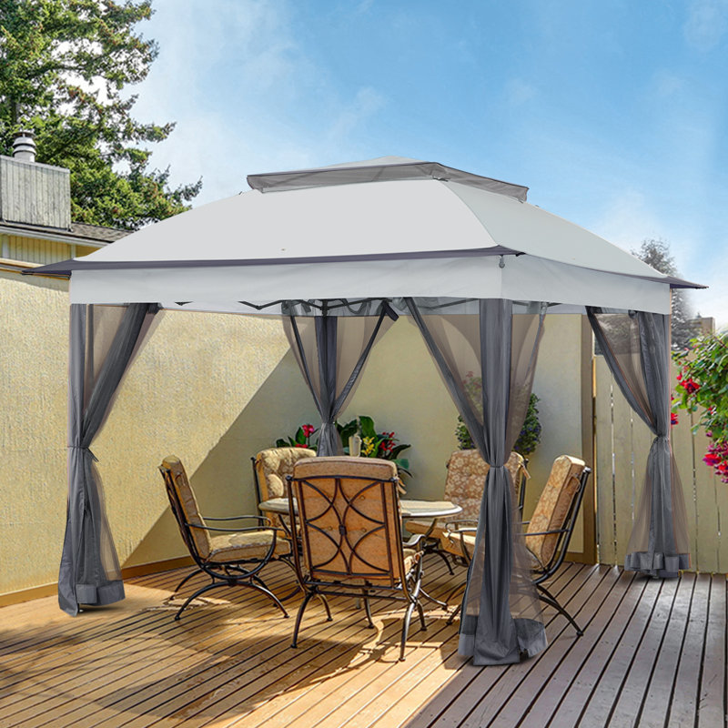 11 Ft. W x 11 Ft. D Pop Up Canopy Patio Gazebo with Mesh Wall, Gray
