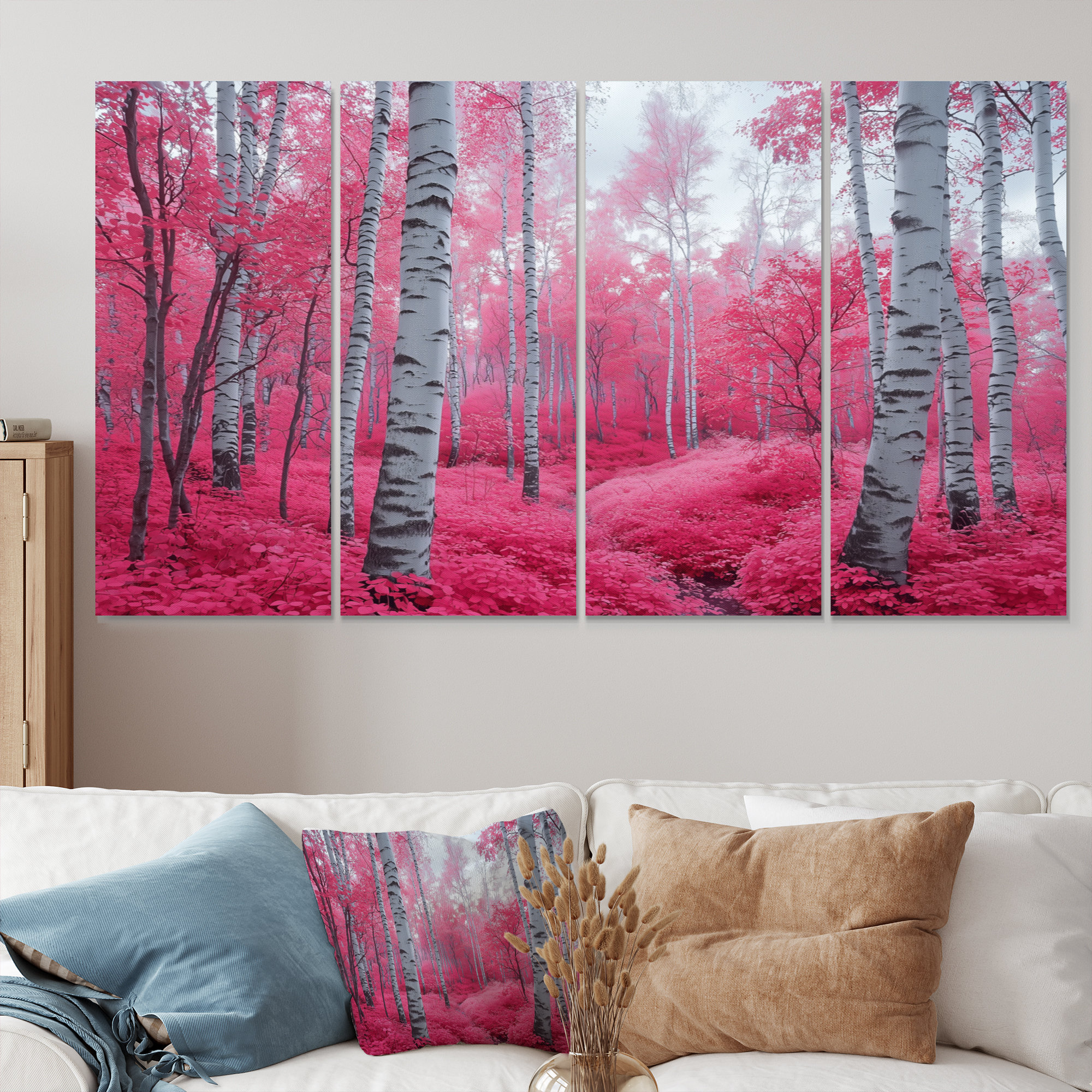 Millwood Pines Pink Birch Trees Forest Path Panorama II - Forest Wall ...