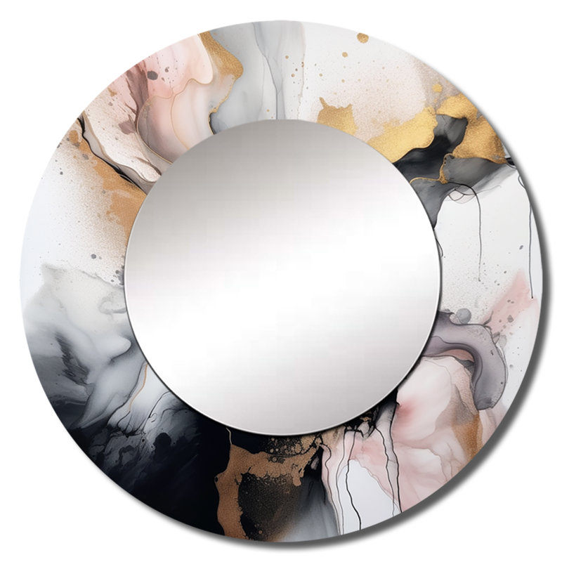 Otavious rose noir texturé Splash Marble II - miroir en marbre, miroir mural rond rose, impression d'art en métal