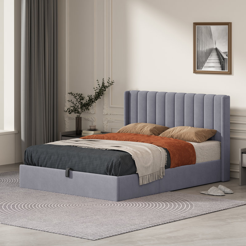 Daizia Lift Up Storage Platform Bed with Wingback Headboard, Gray, Queen