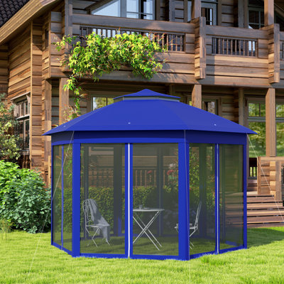 13' X 13' Pop Up Gazebo, Hexagonal Canopy Shelter With 6 Zippered Mesh Netting, Event Tent With Strong Steel Frame For Patio Backyard Garden Wedding Party, Dark Blue And Black