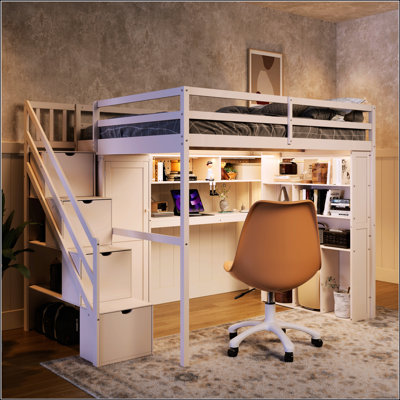 Structure de lit double pleine grandeur avec garde-robe intégrée, bureau d'étude, tablettes et lumières de rangement, conception peu encombrante pour la chambre à coucher