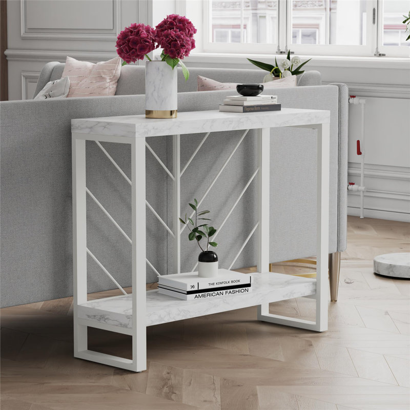 White Faux Marble and Steel Console Table with Storage Shelf