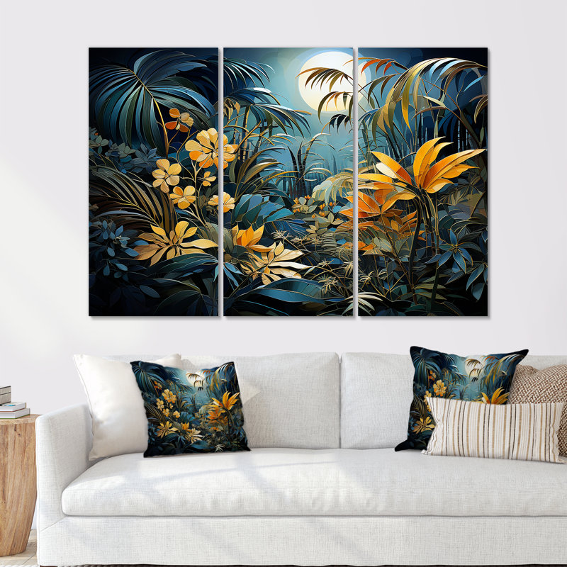 «Fantasy Jungle Plants Under Moonlight I», ensemble de reproduction d'art mural plantes, Toile tendue