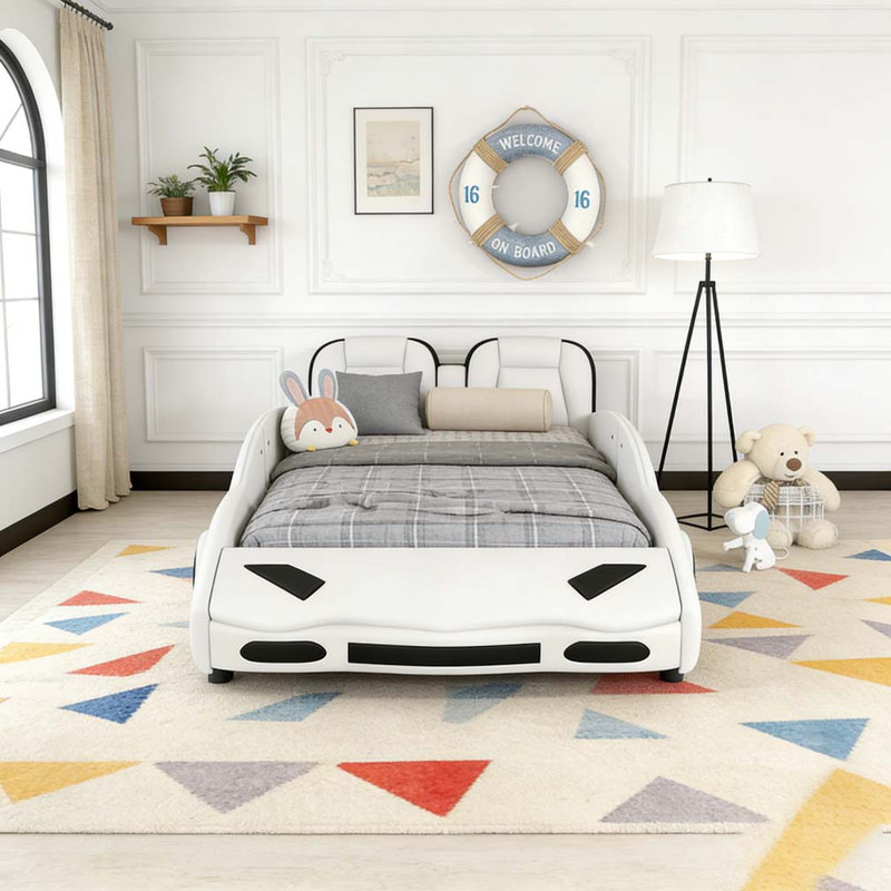 Lit plateforme simple en forme de voiture de course avec roues, Blanc