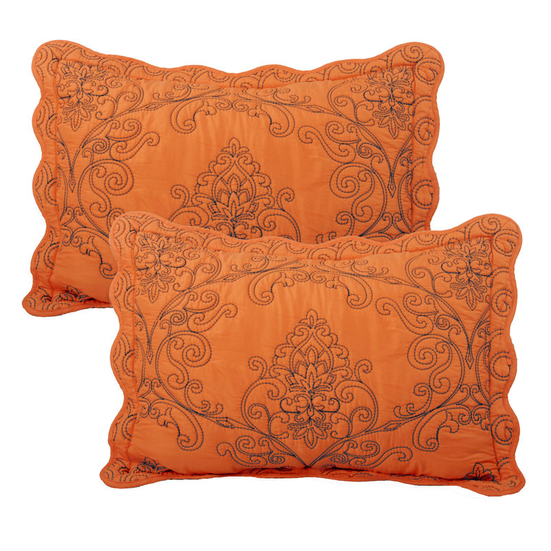 4 Piece Damask Oversized Embroidery Bedspread Set, Queen Quilt + 2 Queen Shams + Throw Pillow, Nectarine
