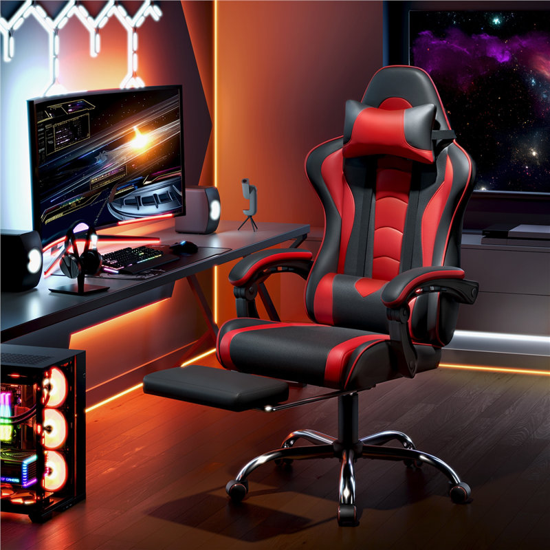 Fauteuil de jeu ergonomique avec coussin lombaire de massage, Noir / Rouge