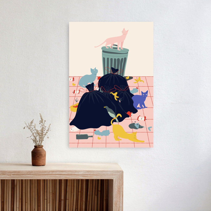 Cats Playful Contemporary Bird Cat Fish City Wall Art Print, 60.96cm H x 40.64cm W