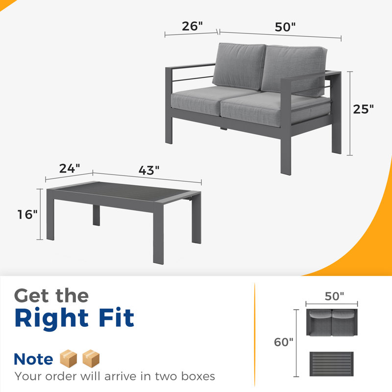 Ensemble de conversation pour l'extérieur 2 personnes en aluminium avec coussins 2 personnes, 2 pièces: table basse, causeuse