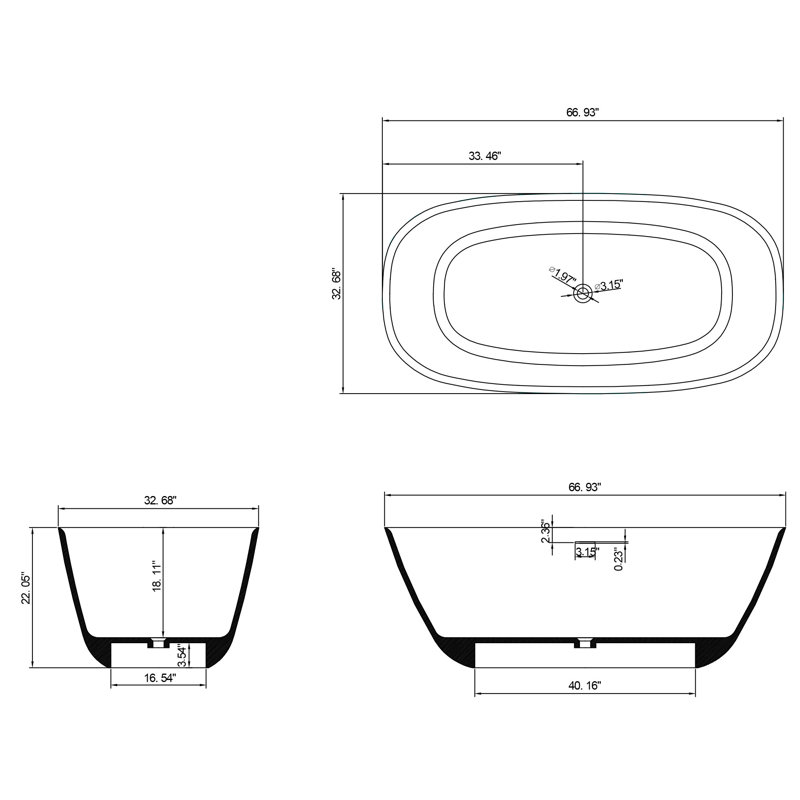 66.81 In. X 31.64 In. Stone Resin Solid Surface Freestanding Flatbottom Soaking Bathtub In Matte White