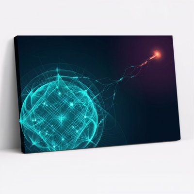 Art mural futuriste sur toile filaire cyan se connectant à un orbe orange