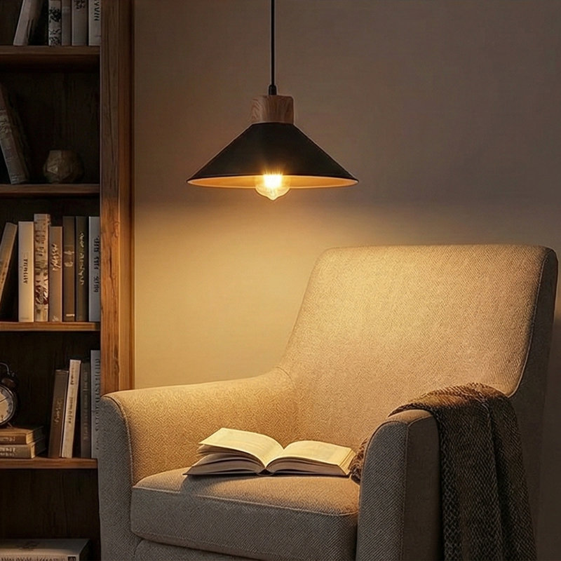 Luminaire suspendu simple en métal à hauteur réglable avec base en bois, Noir