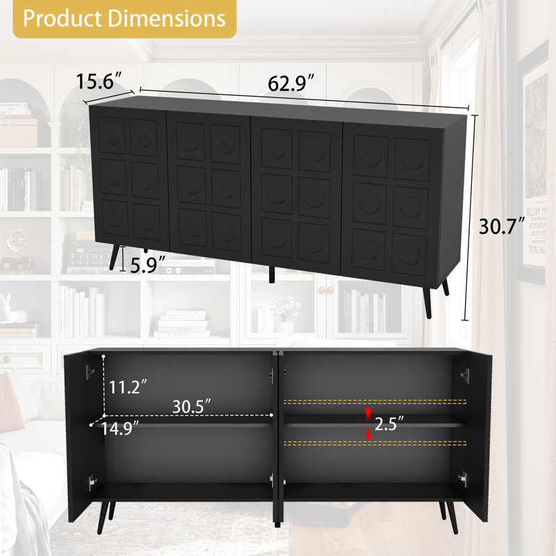 Buffet l 63 "avec tablettes réglables et 4 portes, Noir