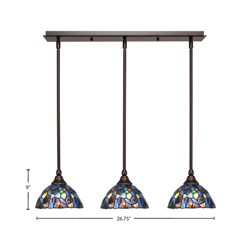 3 Light Stem Hung Linear Pendalier Shown 7" Blue Mosaic Art Glass, Dark Granite
