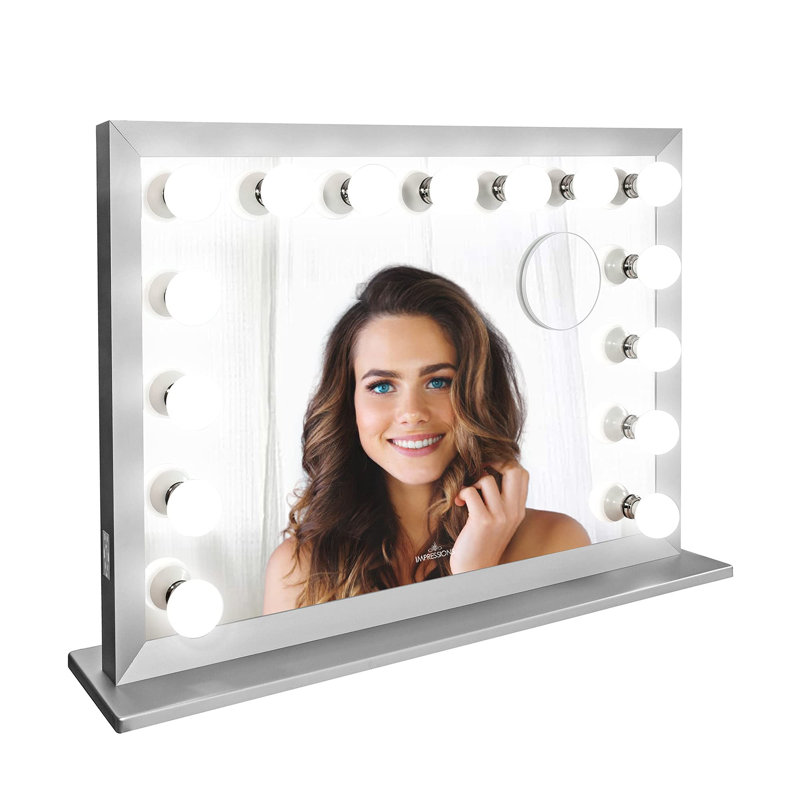 Silver Rectangular Lighted Magnifying Vanity Mirror with LED Bulbs