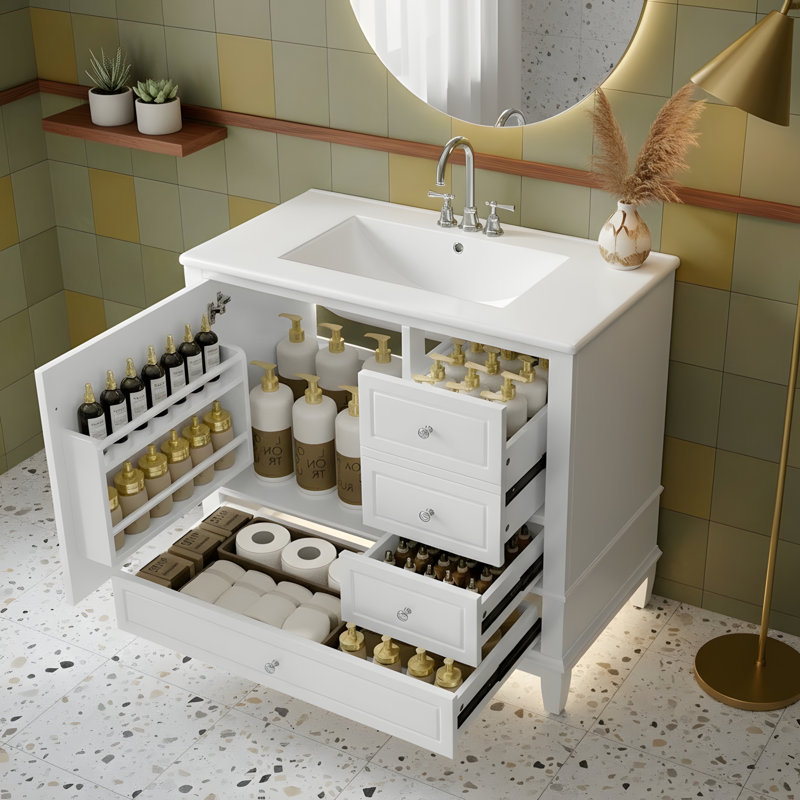 Meuble-lavabo de salle de bain avec lavabo en céramique, Blanc, Argent argent