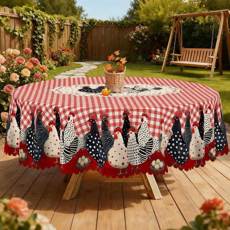 Pink checkered polyester tablecloth with rooster design, machine washable