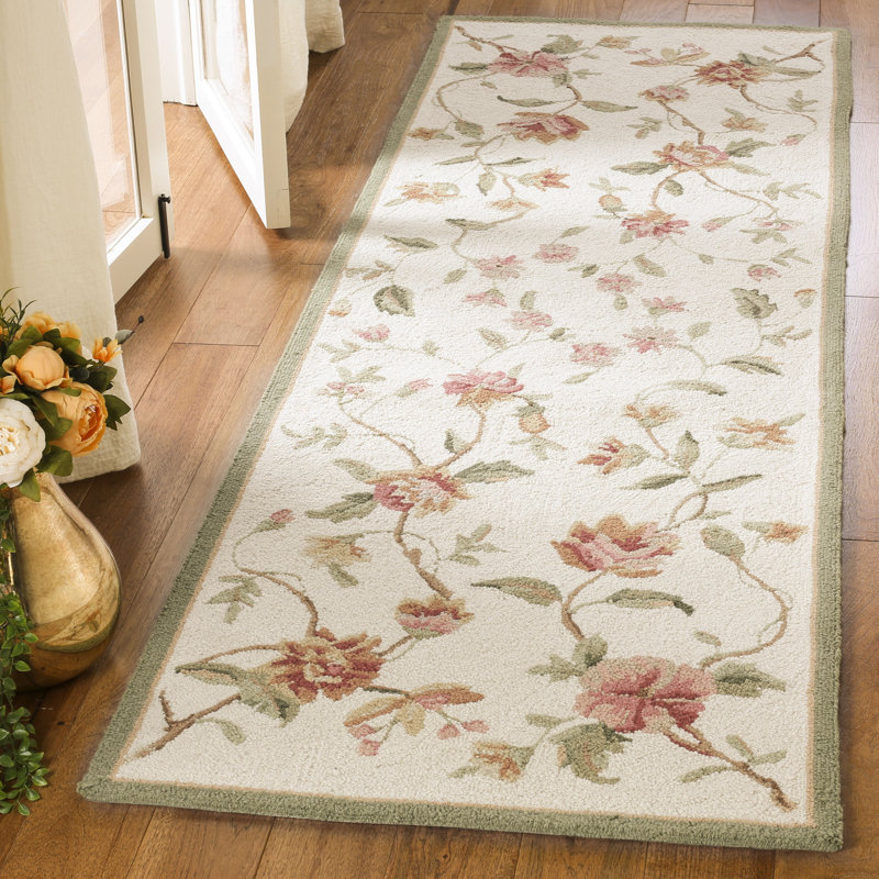 Tapis floral en laine crocheté à la main Kinchen, Beige, Tapis de couloir beige