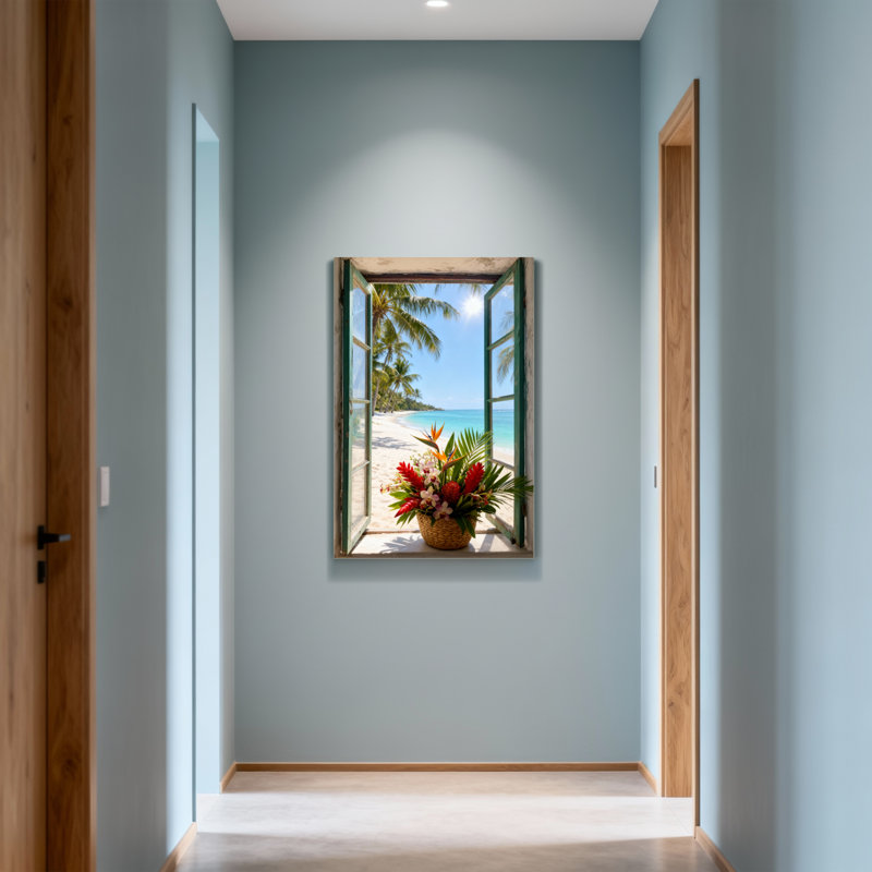Paysage et nature, plage tropicale avec palmiers et fleurs, H 18 po x l 12 po