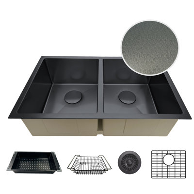 Évier de cuisine noir en nid d'abeille texturé noir 28 po - Double bol - Acier inoxydable 316 avec calibre 16