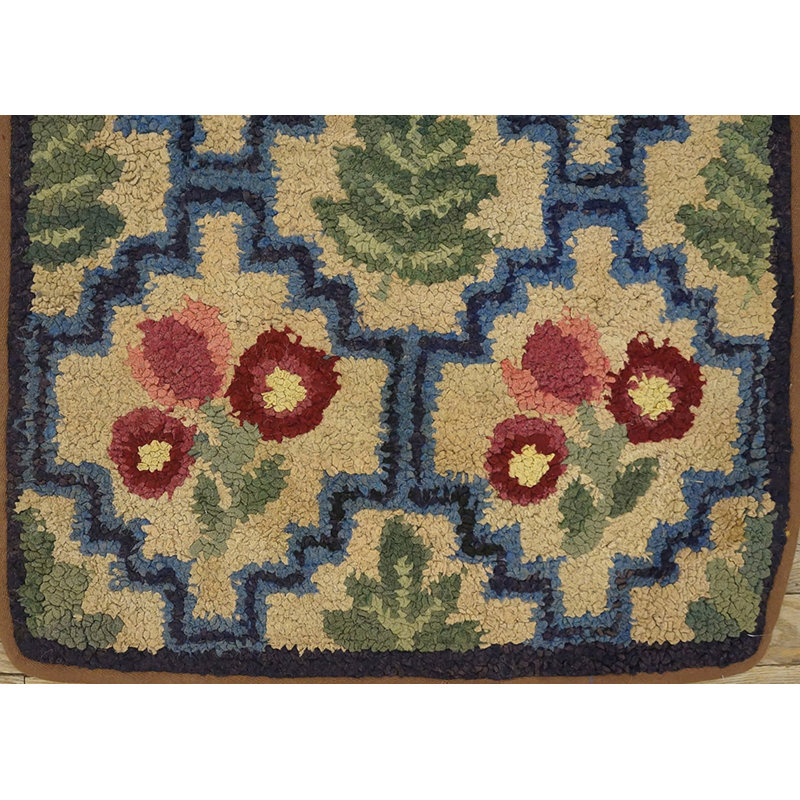 Small Size Ivory Color Antique American Folk Art Design Hooked Rug