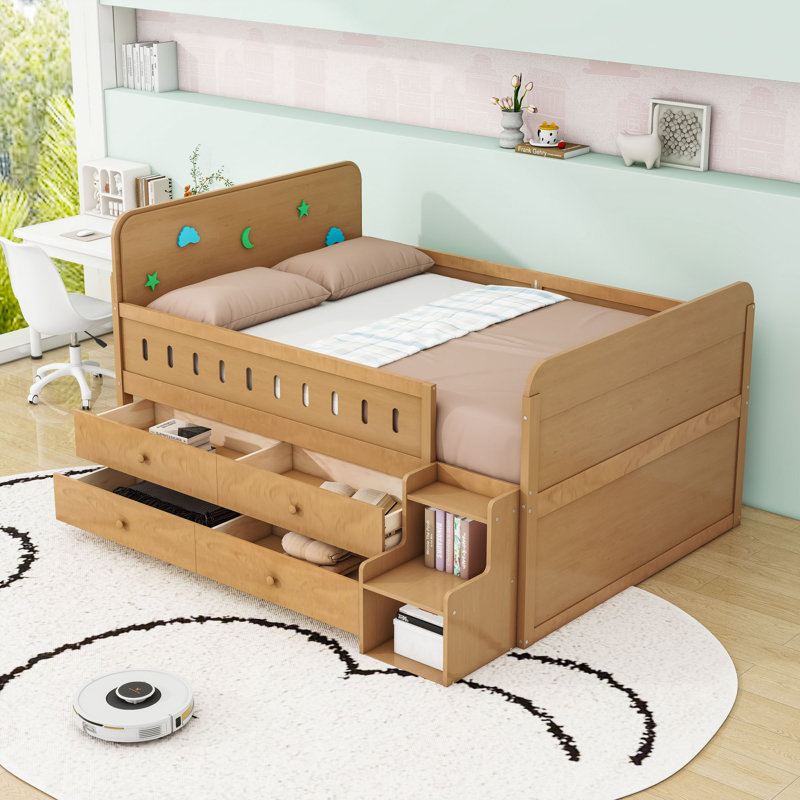 Lit double en bois avec lumière DEL et tiroirs de rangement, Bois