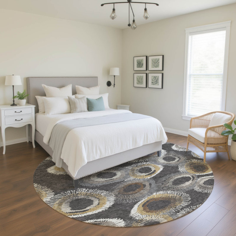 Premium Machine Washable Mayfield AMF2278 Geometric Rug, Charcoal, 8' Round