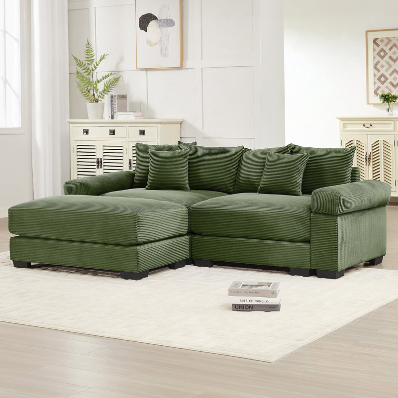Canapé modulaire surdimensionné en forme de L 82,6 po Cloud, tissu en velours côtelé doux, avec méridienne, accoudoirs larges à assise profonde, conception ergonomique, 6 coussins décoratifs, assemblage facile, pour les salons, les salons, le vert