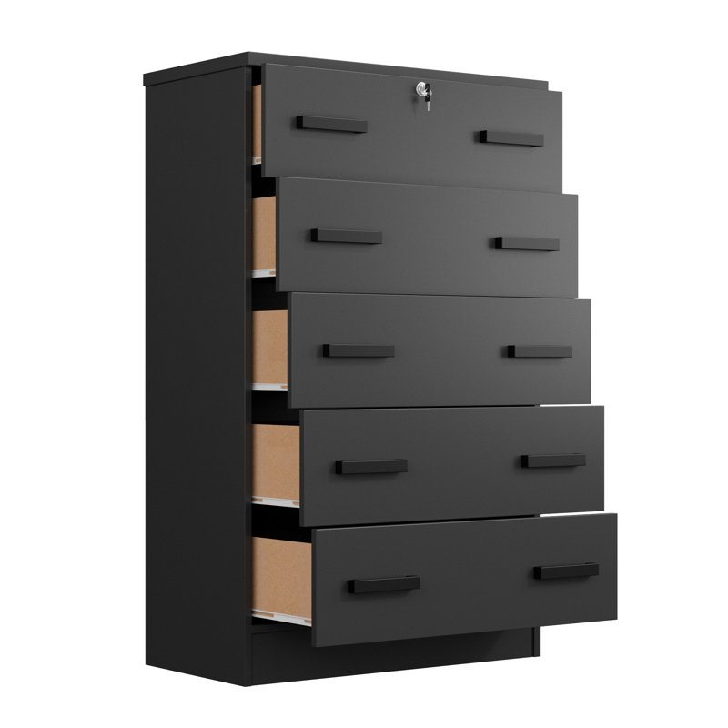 Commode 5 tiroirs en bois avec serrure Basurto, Noir, noir, noir, noir