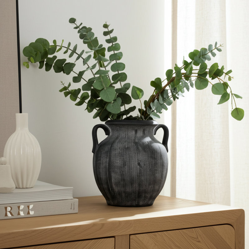 Tiyler Stoneware Dolomite Vase with Ribbed Texture and Dual Side Handles for Casual Home Decor Transitional Style Accent with Sculptural Design and Durable Craftsmanship for Indoor Display Versatility