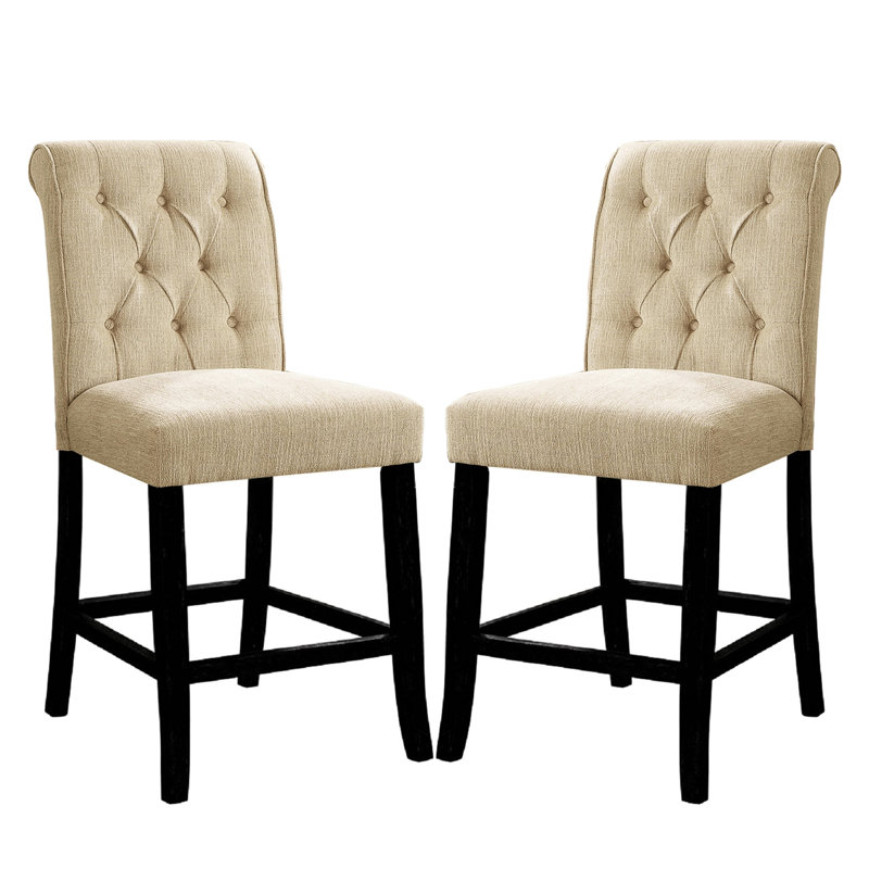 2 chaises de salle à manger rembourrées en chenille, noir antique et beige, motif de dossier à volutes, bouton, bois massif pour manger la pièce beige de 2, décoration,