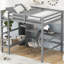 Lit mezzanine double gris avec bureau intégré et tablettes multifonctionnelles, base en bois de pin, structure sans poupée