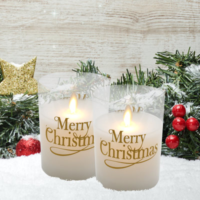 Battery Operated LED Glass Candles with Flickering Flame, Merry Christmas - 2 Piece