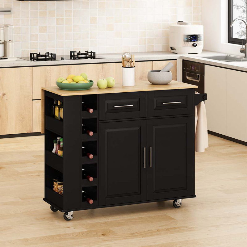 Chariot multifonctionnel pour îlot de cuisine avec 2 portes et 2 tiroirs, Noir