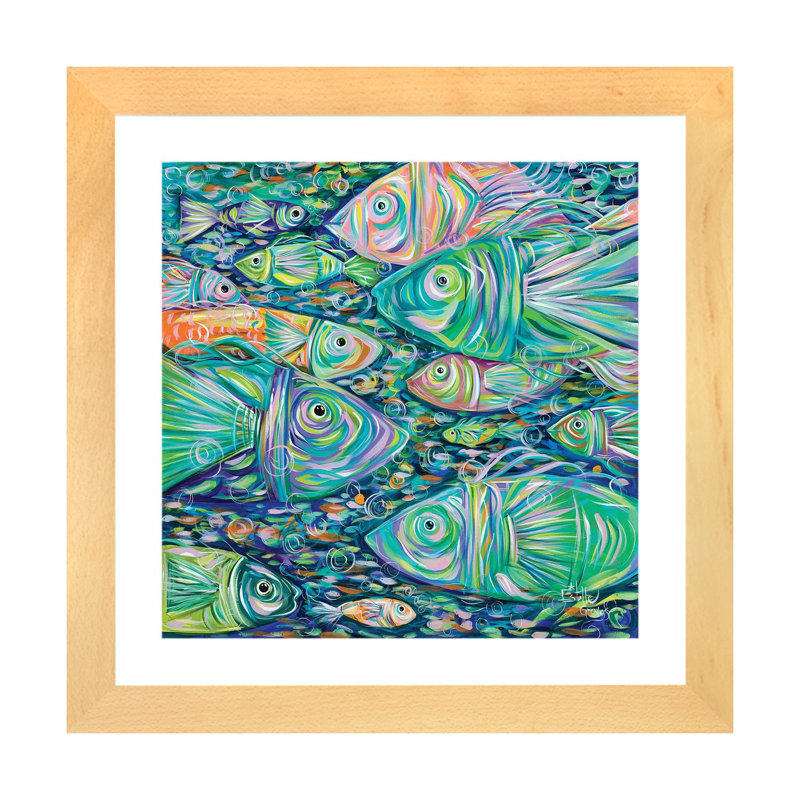" School Of Fish " by Estelle Grengs, Beige Wood Framed Paper, White, 24'' H x 24'' W x 1'' D
