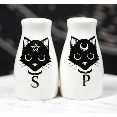 Ebros Wicca Magic Sacred Mystical Cats Pentacle Crescent Moon Salière et poivrière en céramique Ensemble Figurines Fête de cuisine Chat de table Halloween Ossuaire Macabre Alchimie