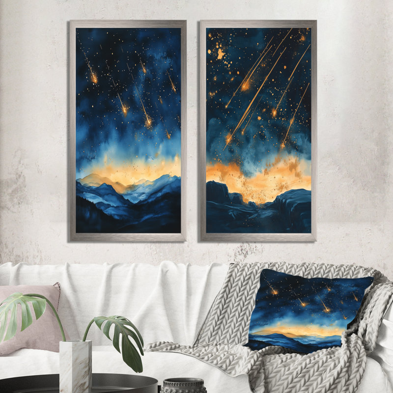 Météores à travers minuit I - Ensemble de 2 impressions sur toile spatiales, 40" H x 40" W, Silver Picture Framed