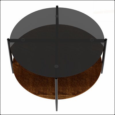 Table basse Mid-Century moderne avec plateau en verre et tablette en bois, structure en métal noir, conception peu encombrante