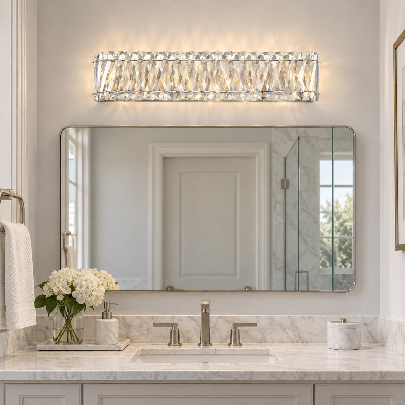 Applique murale de salle de bain 33 po à 6 lumières en nickel poli avec abat-jour en verre cristal superposé, Nickel