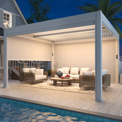 10' x 13' Outdoor Pergola with LED Lights, Aluminum Gazebo with Motorized Louvers & Side Screens for Patio, Backyard & Poolside, White