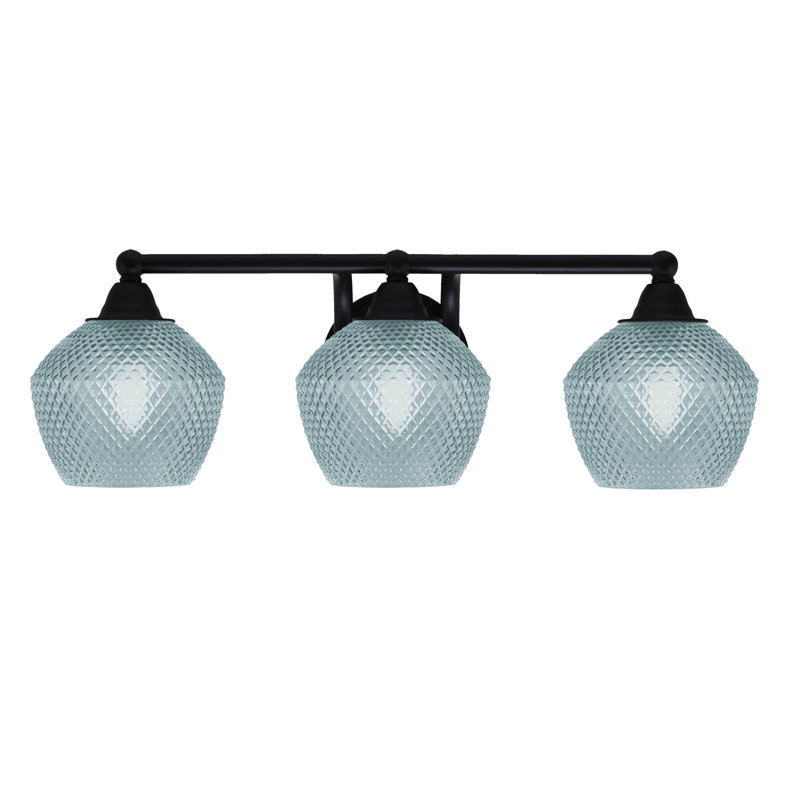 Mukkesh 3 Light Bath Bar Matte Black Finish 6" Turquoise Glass, Matte Black, 7.5" H x 22.75" W x 8.5" D, 3 Lights