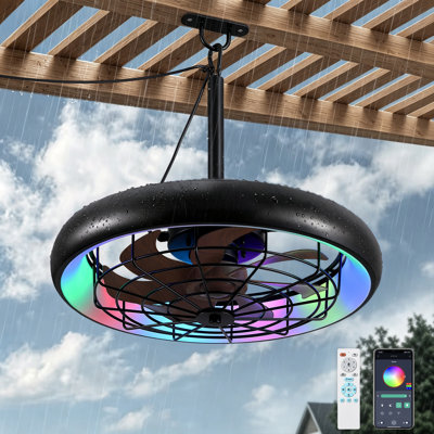 20" Outdoor Black Ceiling Fan With Lights, Rgb & 3cct Dimmable, 6 Speed Hanging Gazebo Fan, Ip65 Waterproof Plug-in Wood Blade Finish Caged Ceiling Fan With Remote/app Control For Patio, Porch, Pergola